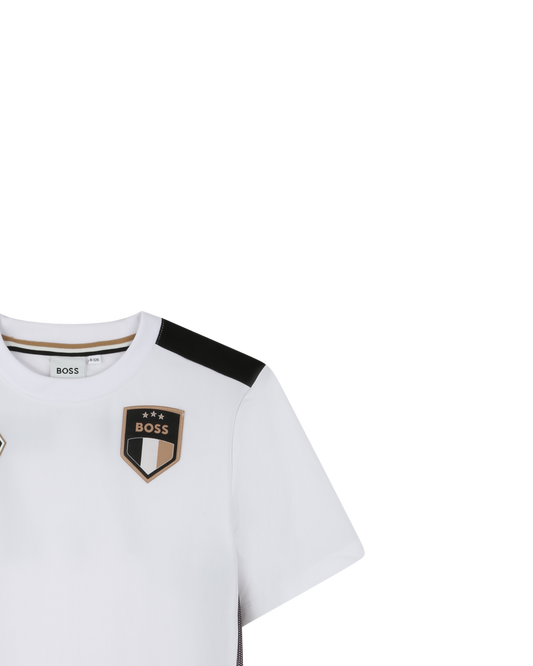 t shirt sport boss enfant blanc noir rose vue detail badge poitrine