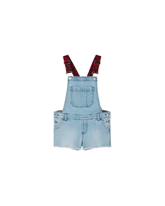 SALOPETTE SHORT HUGO KIDS DENIM BLEU AVEC BRETELLES LOGO