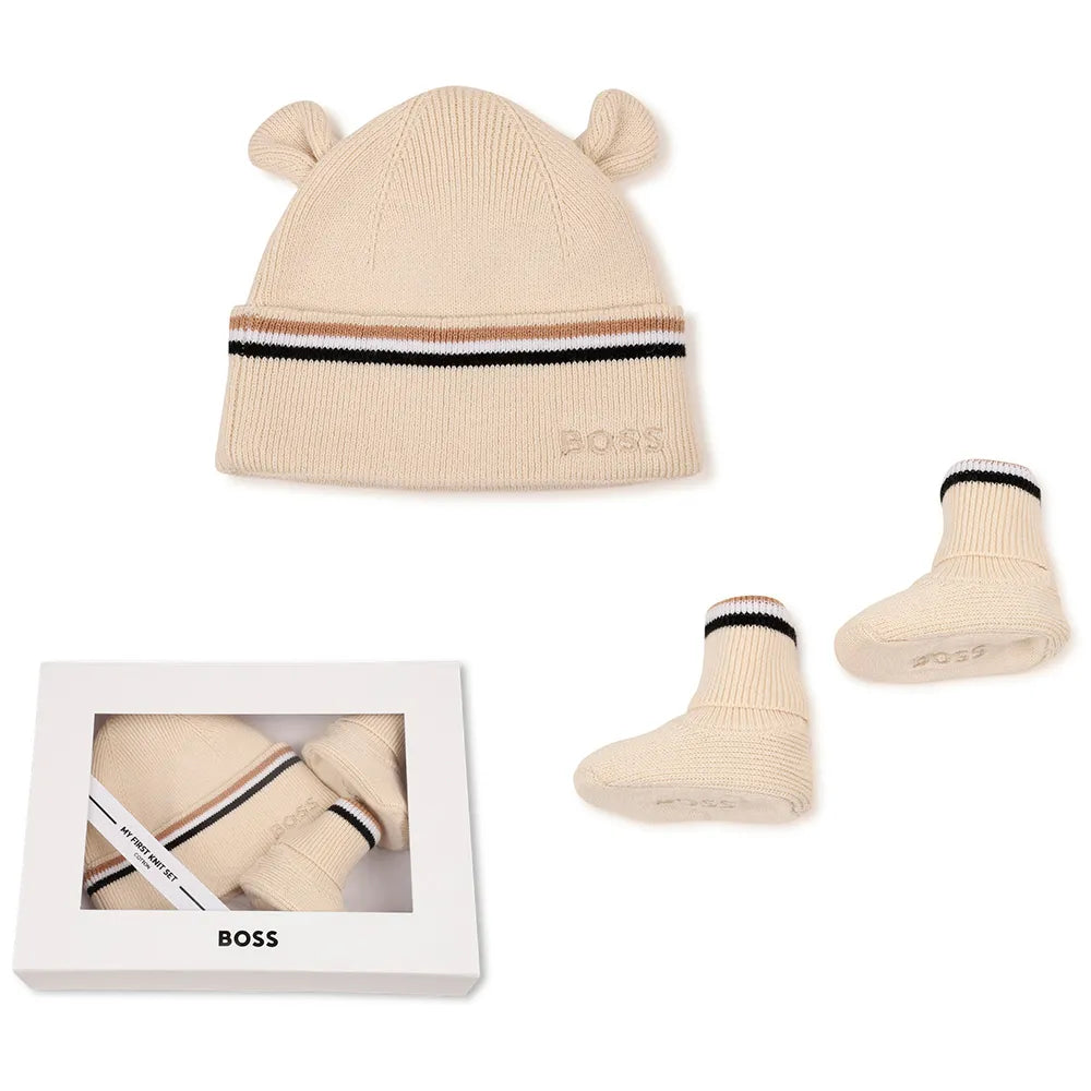 Coffret bonnet et chaussons BOSS bébé – Beige