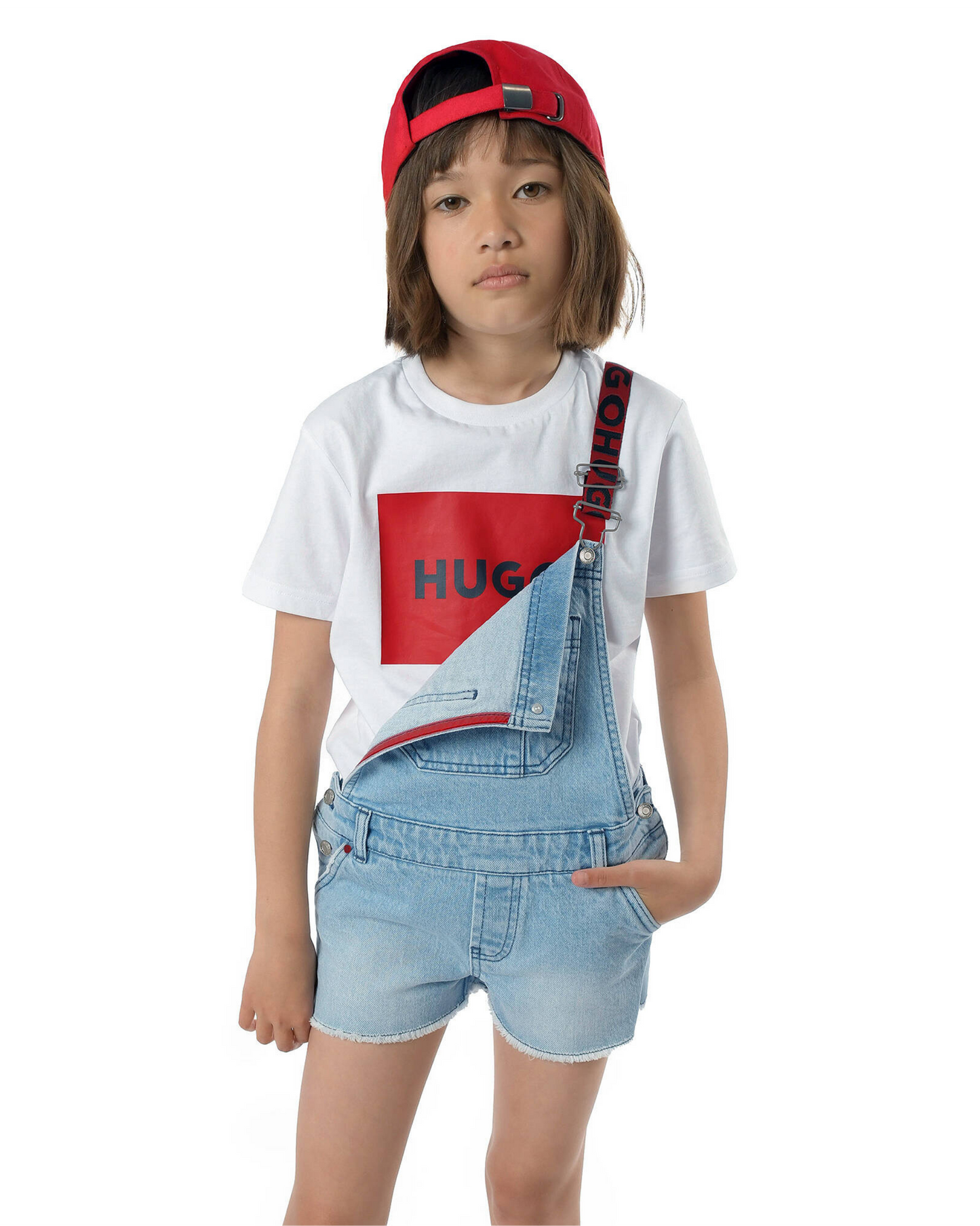 SALOPETTE SHORT HUGO KIDS DENIM BLEU AVEC BRETELLES LOGO