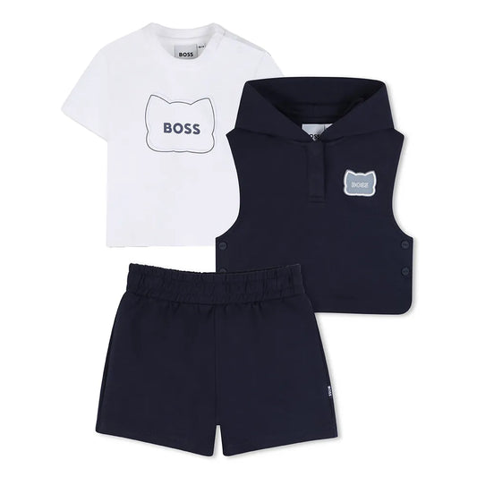 ENSEMBLE BOSS 3 PIÈCES BLEU – T-SHIRT, SWEAT SANS MANCHES & SHORT