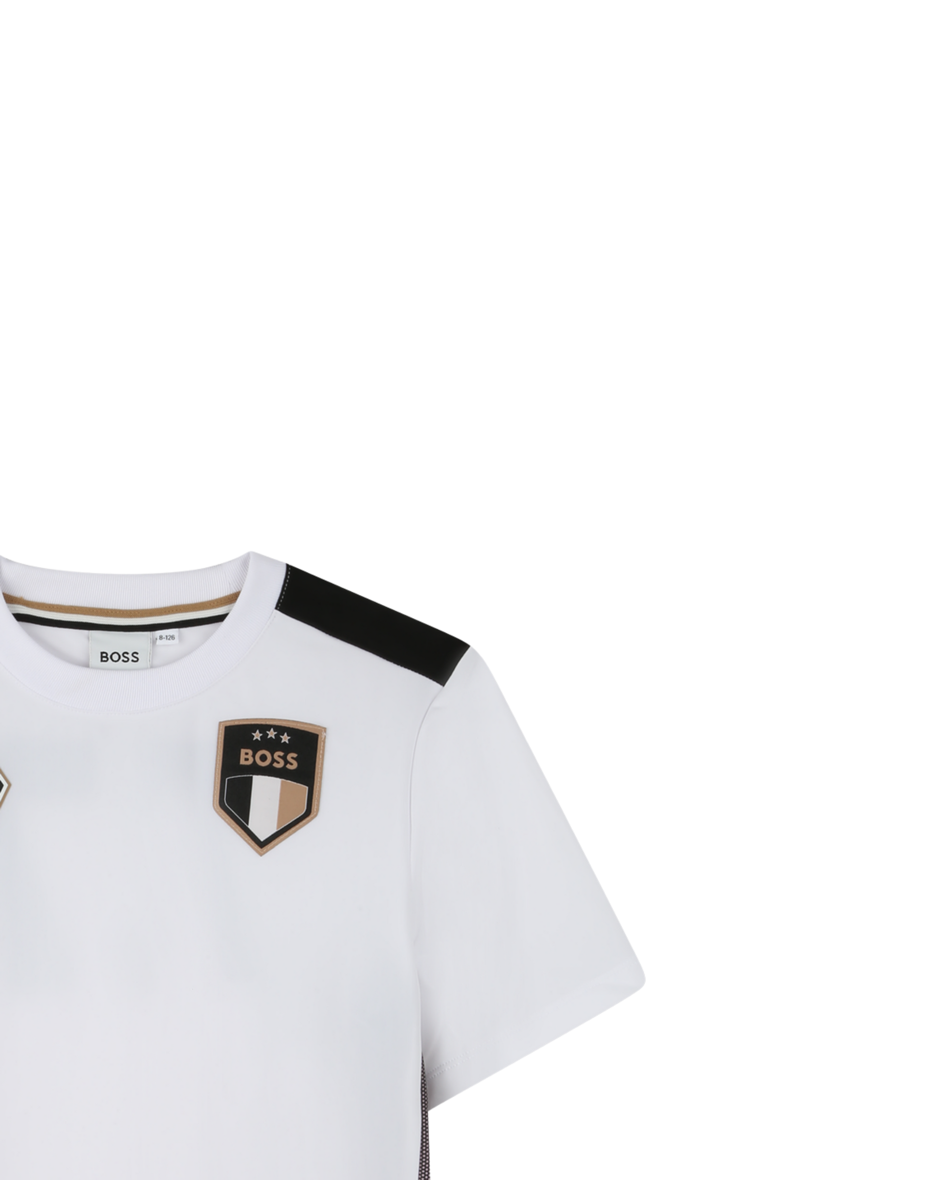 t shirt sport boss enfant blanc noir rose vue detail badge poitrine